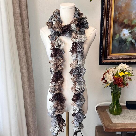 Handmade Ruffle Knit Scarf – Neutral Ombre - Picture 1 of 4